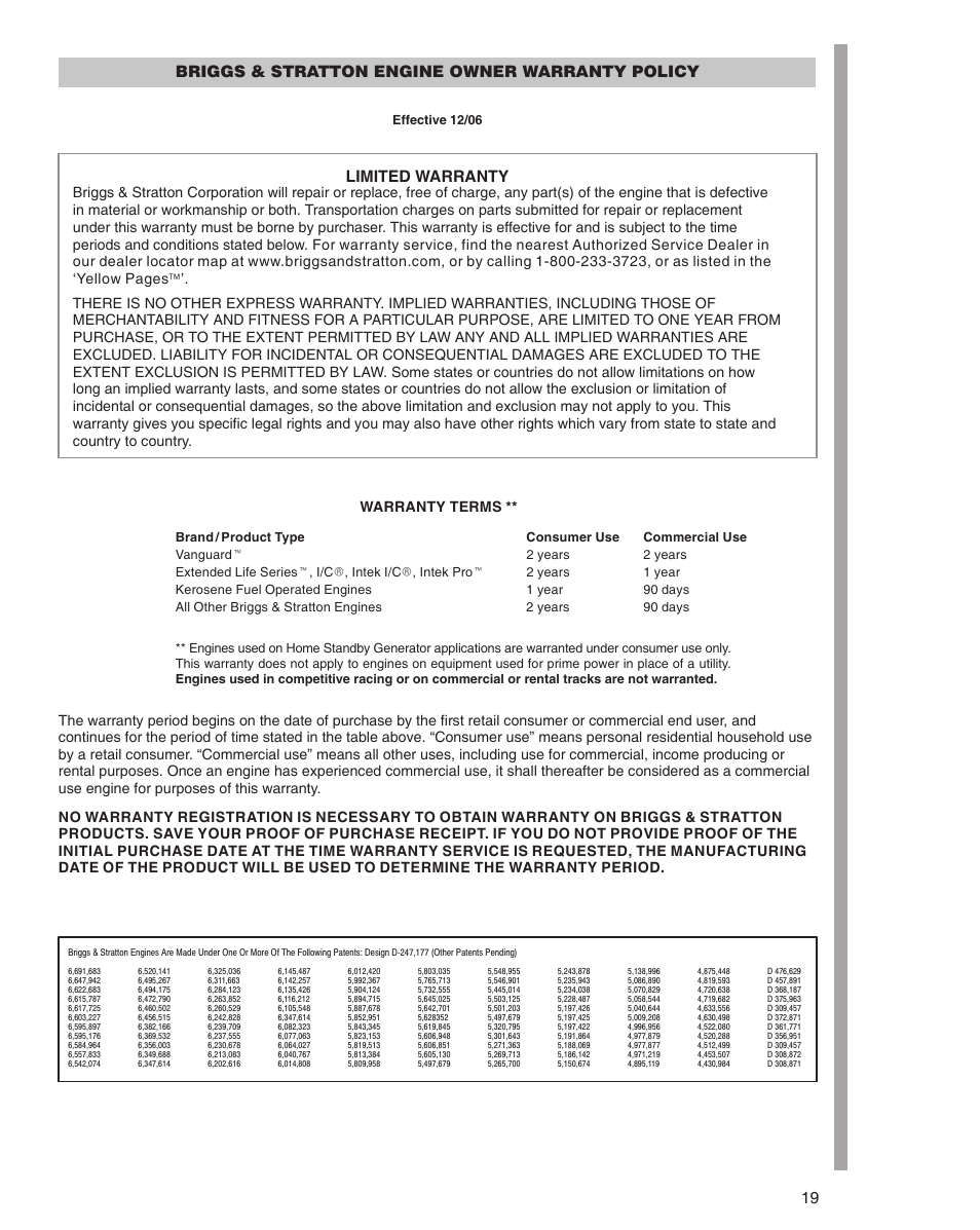 19 limited warranty, Briggs & stratton engine owner warranty policy | Briggs & Stratton 610000 User Manual | Page 19 / 20