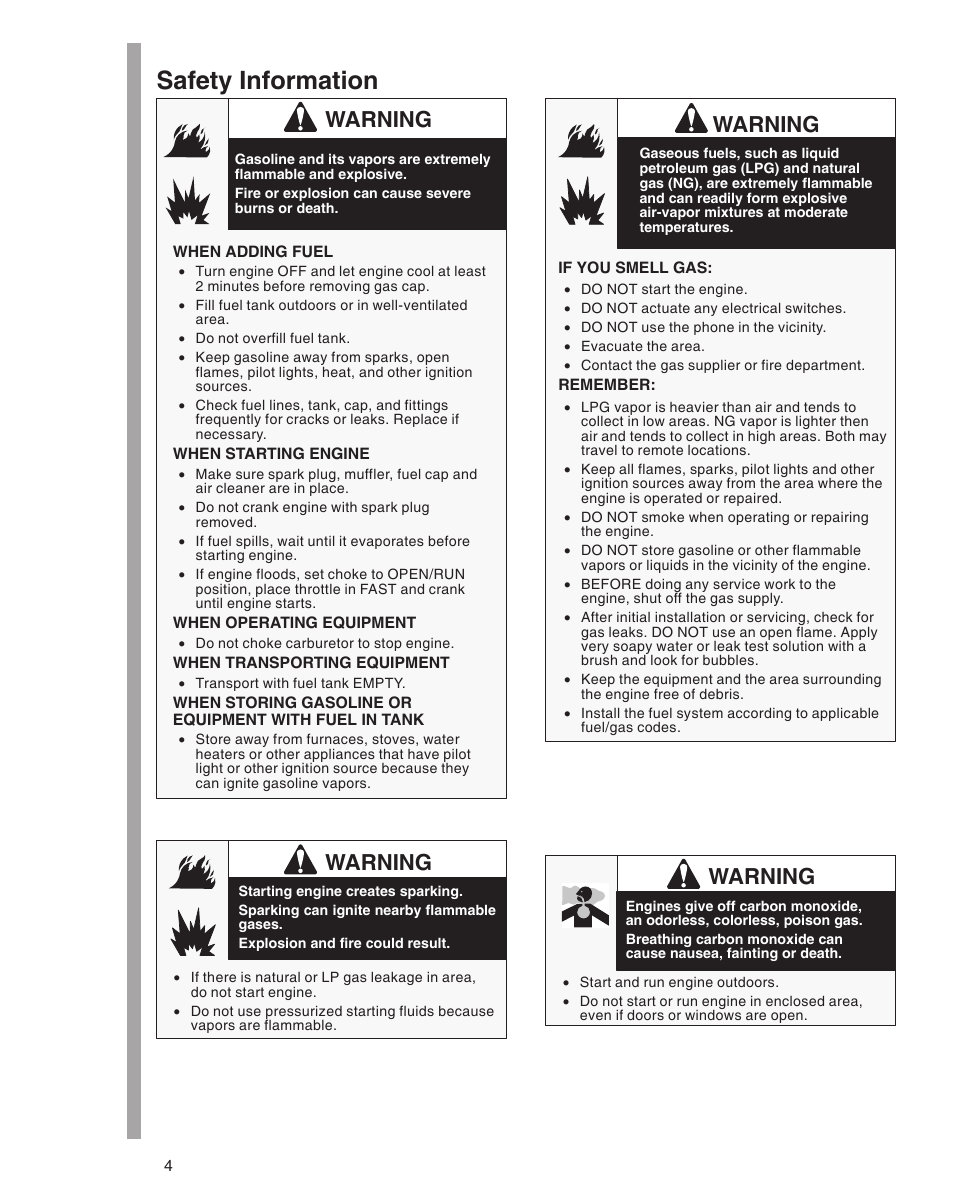 Safety information, Warning | Briggs & Stratton 610000 User Manual | Page 4 / 20