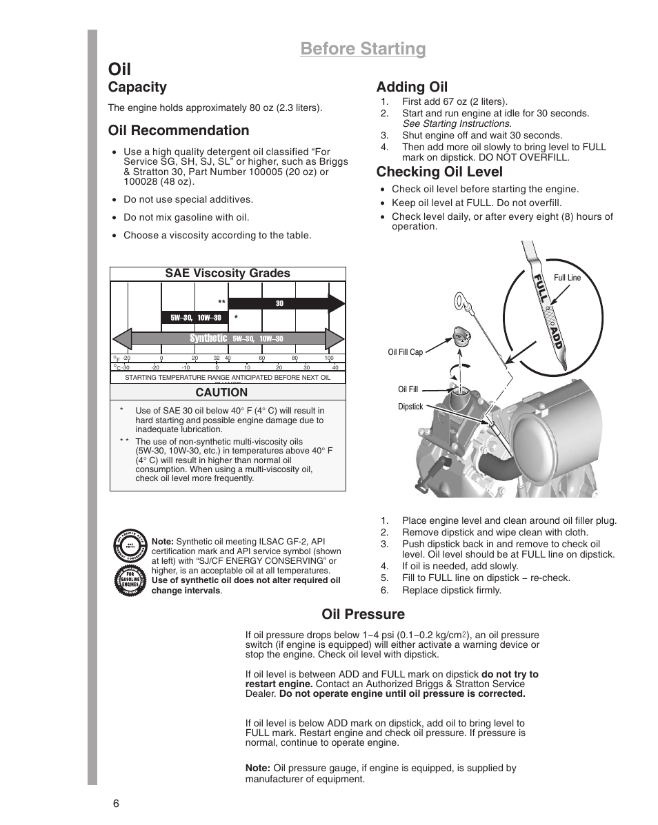 Before starting oil, Capacity, Oil recommendation | Adding oil, Checking oil level, Oil pressure, Sae viscosity grades | Briggs & Stratton 610000 User Manual | Page 6 / 20