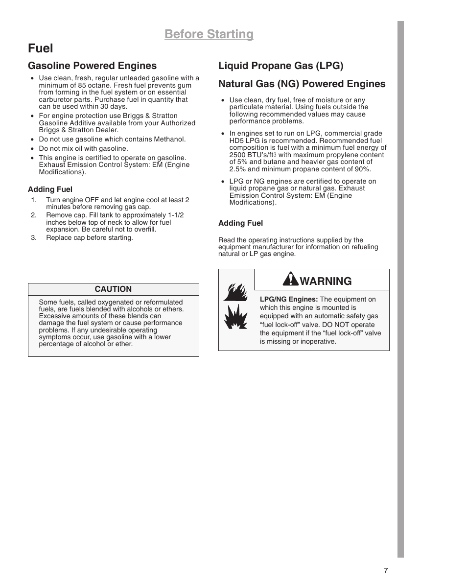 Before starting fuel, Warning, Gasoline powered engines | Briggs & Stratton 610000 User Manual | Page 7 / 20