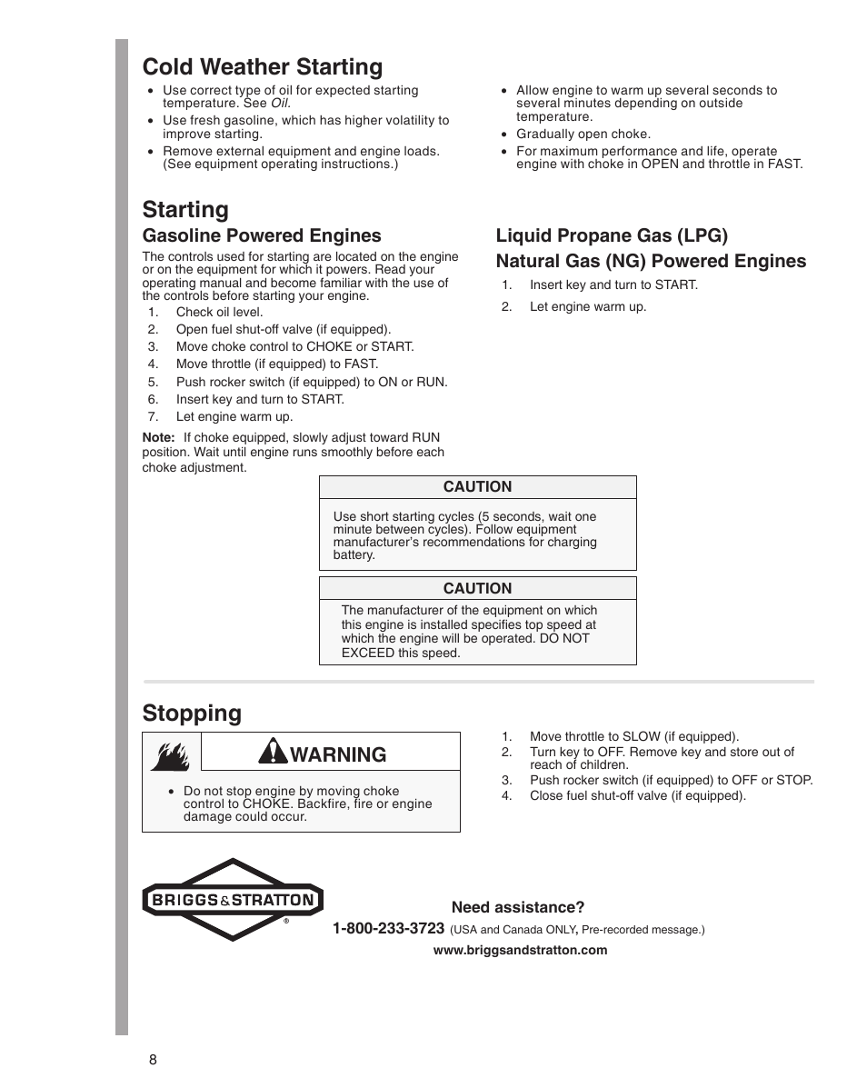 Cold weather starting, Starting, Stopping | Warning, Gasoline powered engines | Briggs & Stratton 610000 User Manual | Page 8 / 20