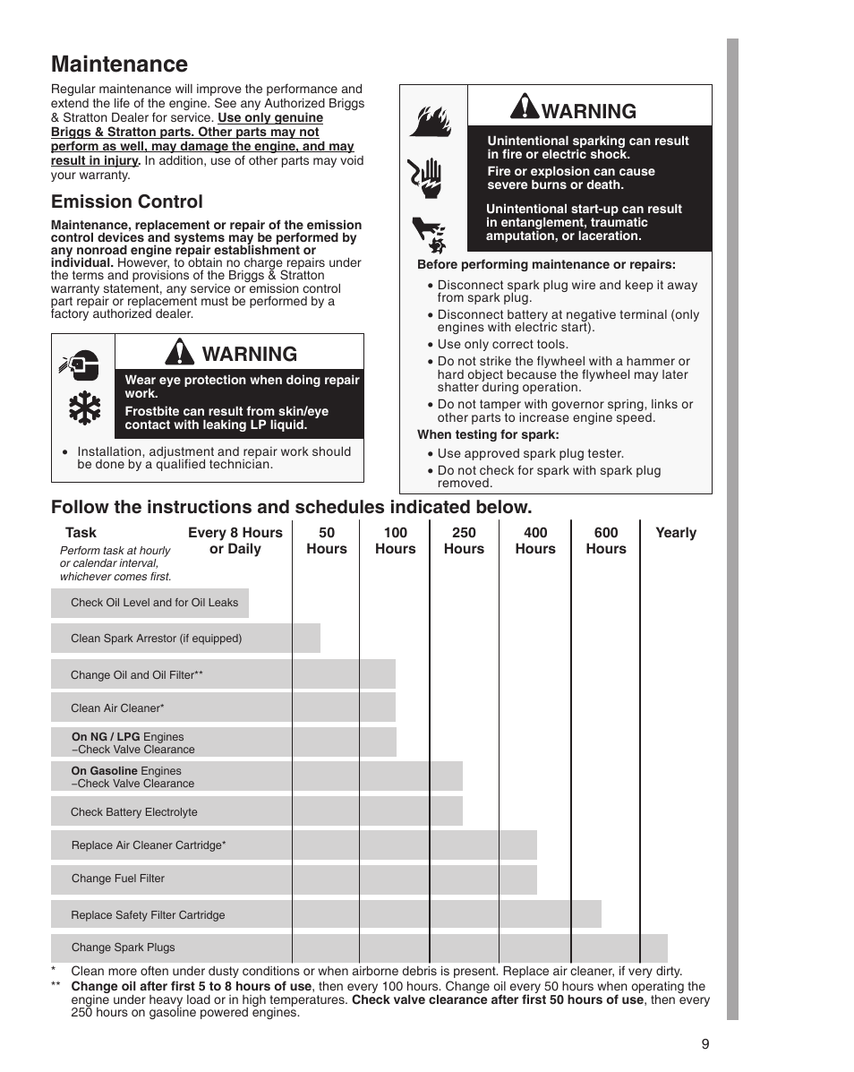 Maintenance, Warning, Emission control | Briggs & Stratton 610000 User Manual | Page 9 / 20