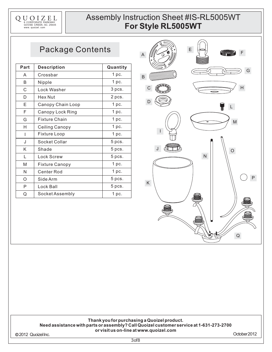 Package contents | Quoizel RL5005WT Radcliff User Manual | Page 3 / 8