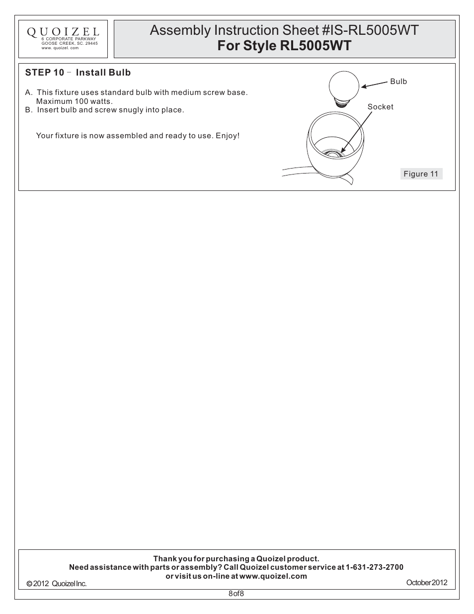 Quoizel RL5005WT Radcliff User Manual | Page 8 / 8