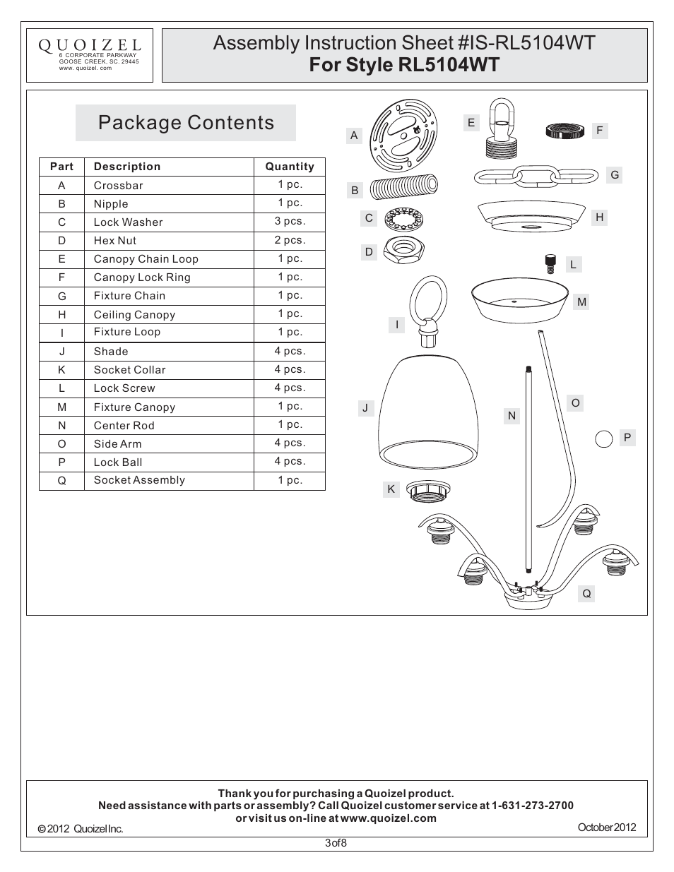 Package contents | Quoizel RL5104WT Radcliff User Manual | Page 3 / 8