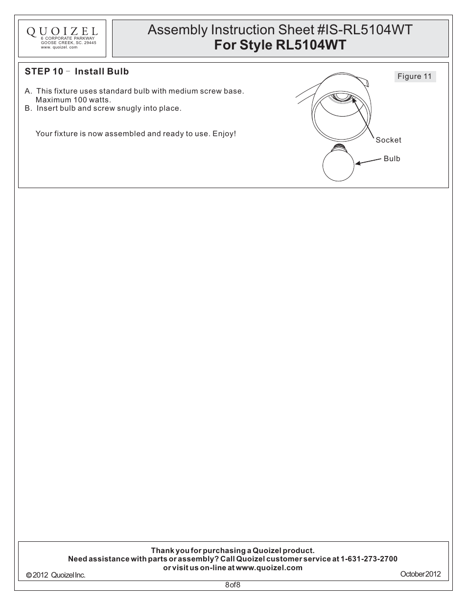Quoizel RL5104WT Radcliff User Manual | Page 8 / 8