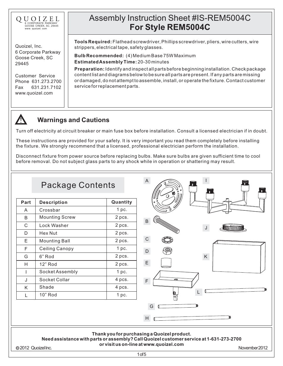 Quoizel REM5004C Remi User Manual | 5 pages