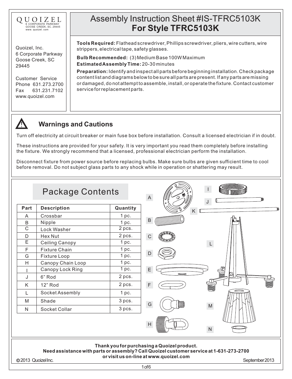 Quoizel TFRC5103K Rochelle User Manual | 6 pages