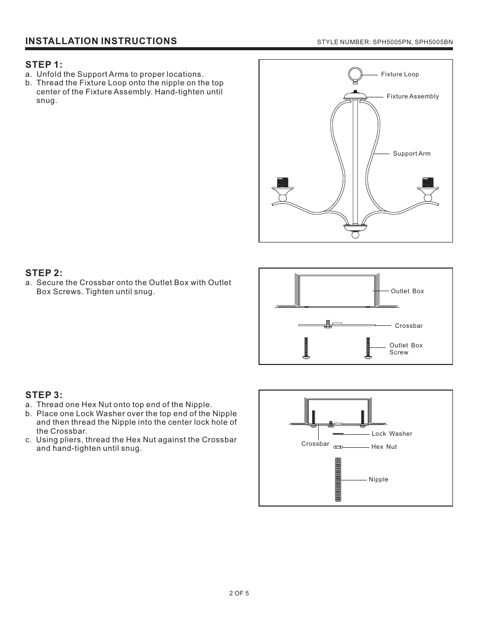 Installation instructions, Step 1, Step 2 | Step 3 | Quoizel SPH5005BN Sophia User Manual | Page 2 / 5