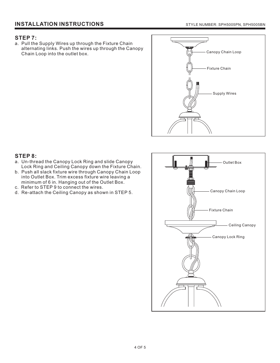 Installation instructions, Step 7, Step 8 | Quoizel SPH5005BN Sophia User Manual | Page 4 / 5