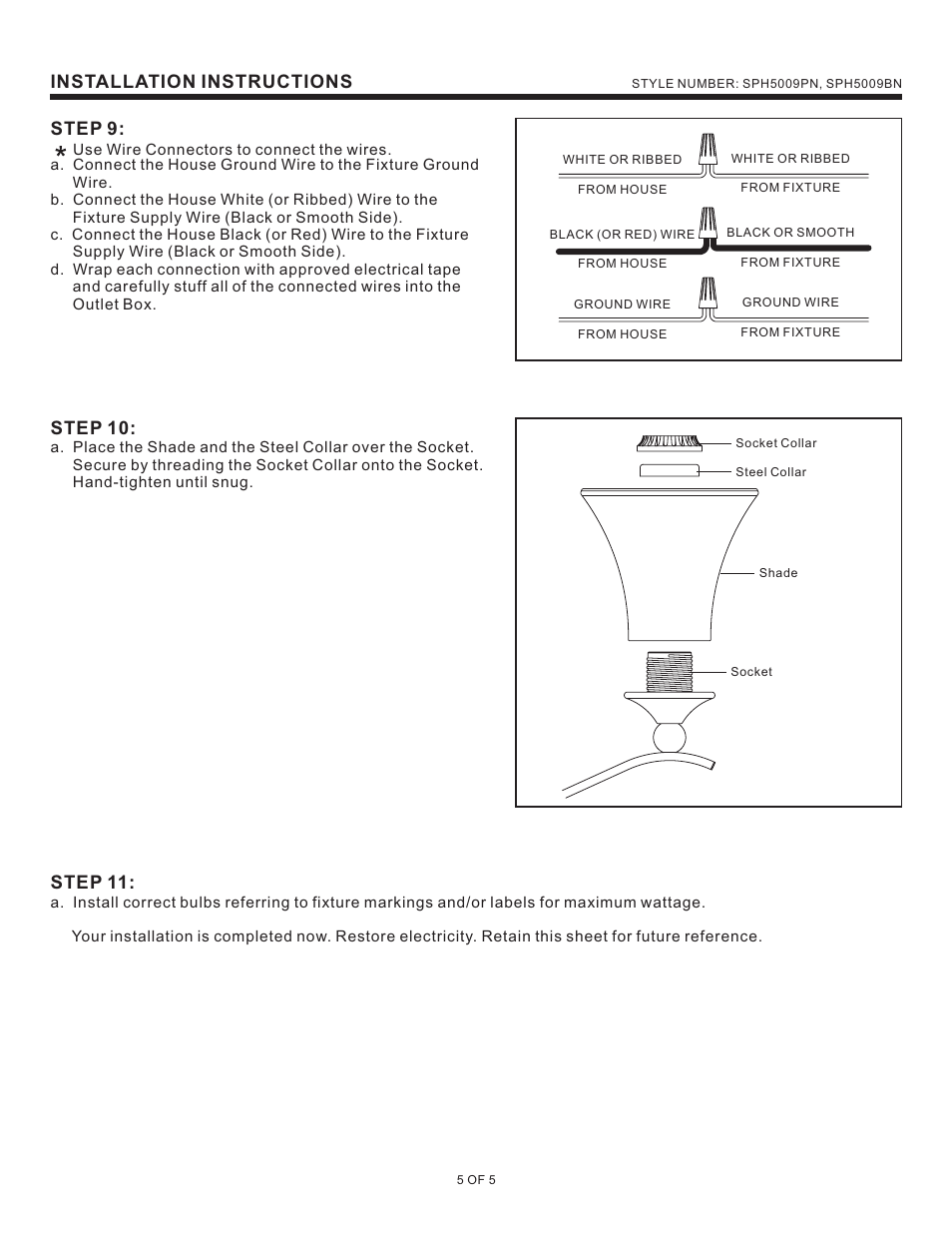 Installation instructions, Step 9, Step 10 | Step 11 | Quoizel SPH5009BN Sophia User Manual | Page 5 / 5