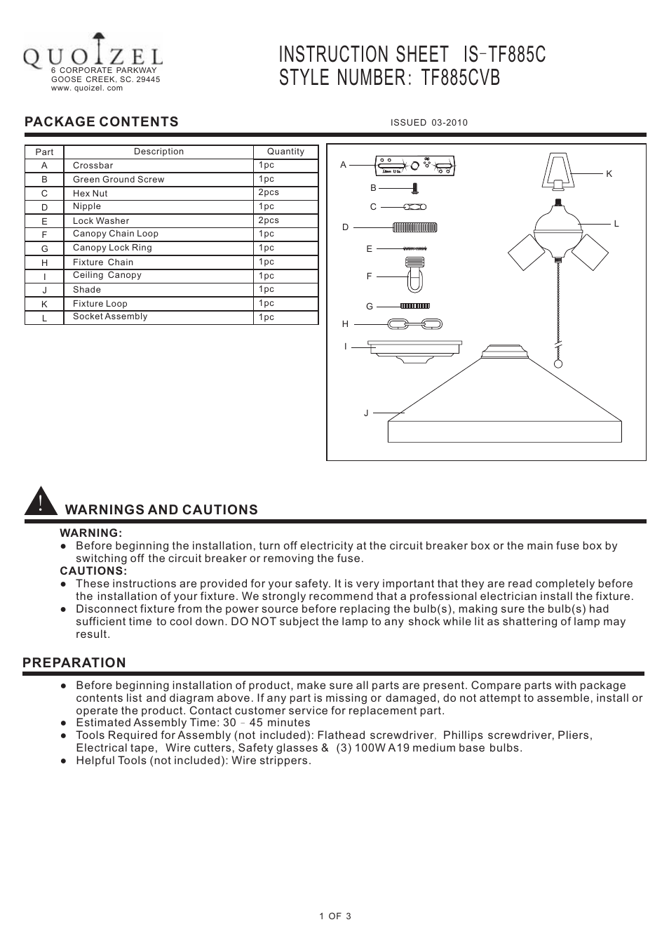 Quoizel TF885CVB Stephen User Manual | 3 pages