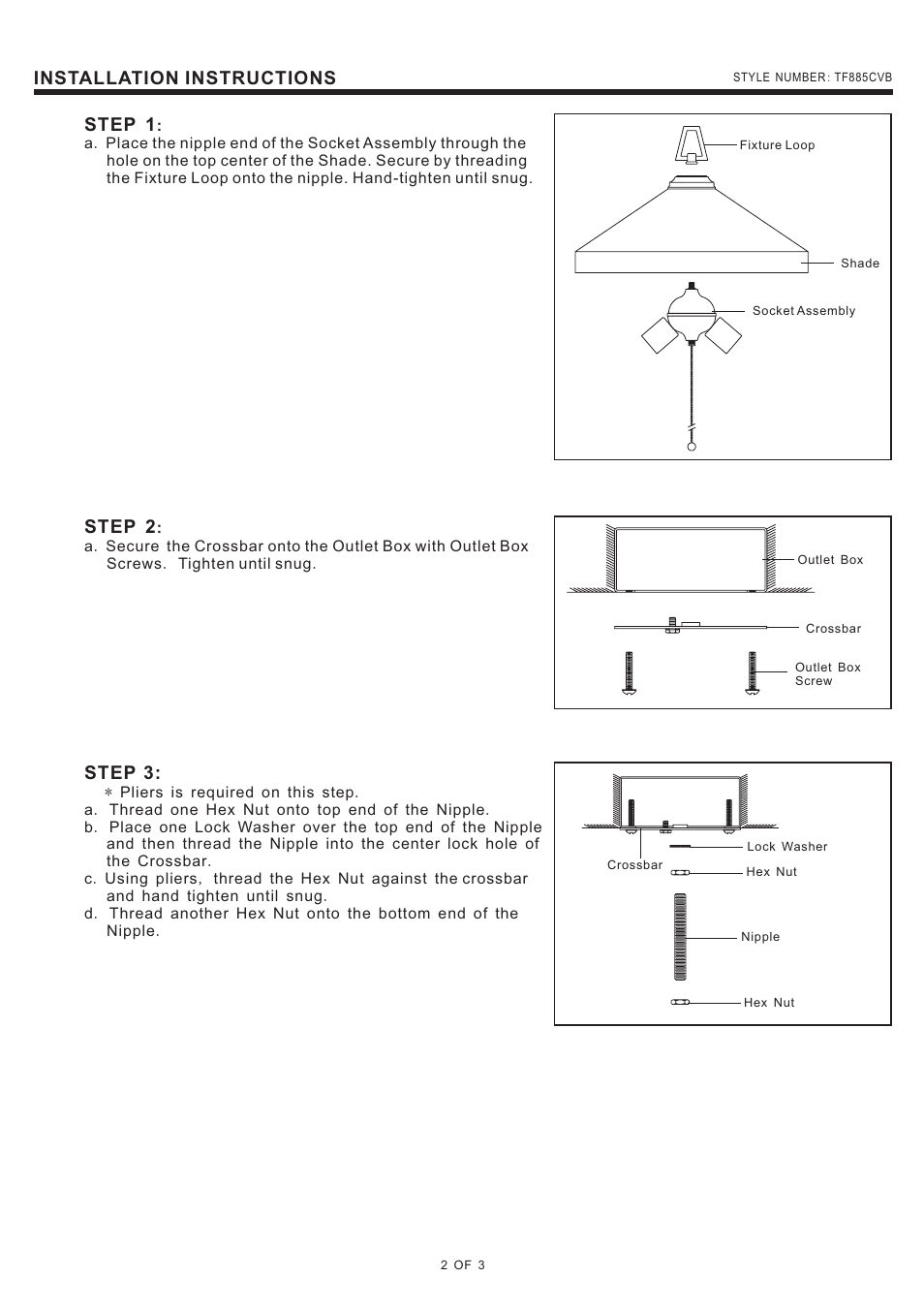 Installation instructions, Step 1, Step 2 | Step 3 | Quoizel TF885CVB Stephen User Manual | Page 2 / 3