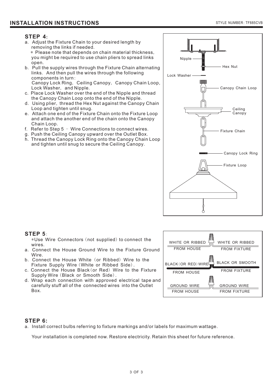 Installation instructions, Step 4, Step 5 | Step 6 | Quoizel TF885CVB Stephen User Manual | Page 3 / 3