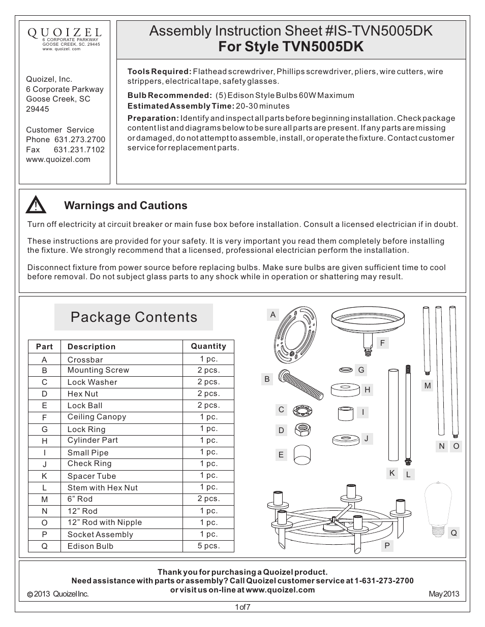 Quoizel TVN5005DK Tavern User Manual | 7 pages