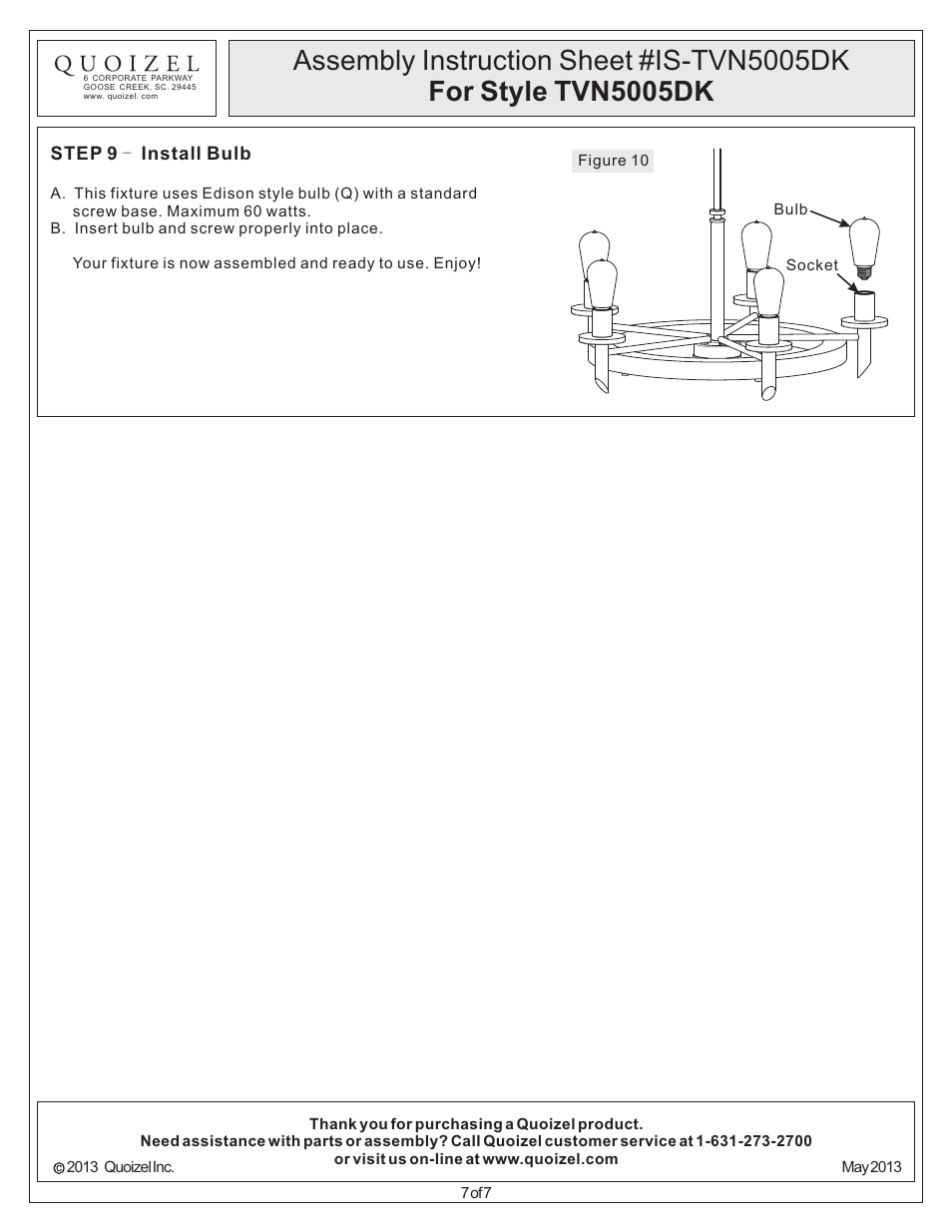 Quoizel TVN5005DK Tavern User Manual | Page 7 / 7