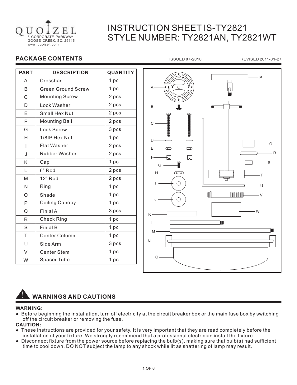 Quoizel TY2821AN Taylor User Manual | 6 pages