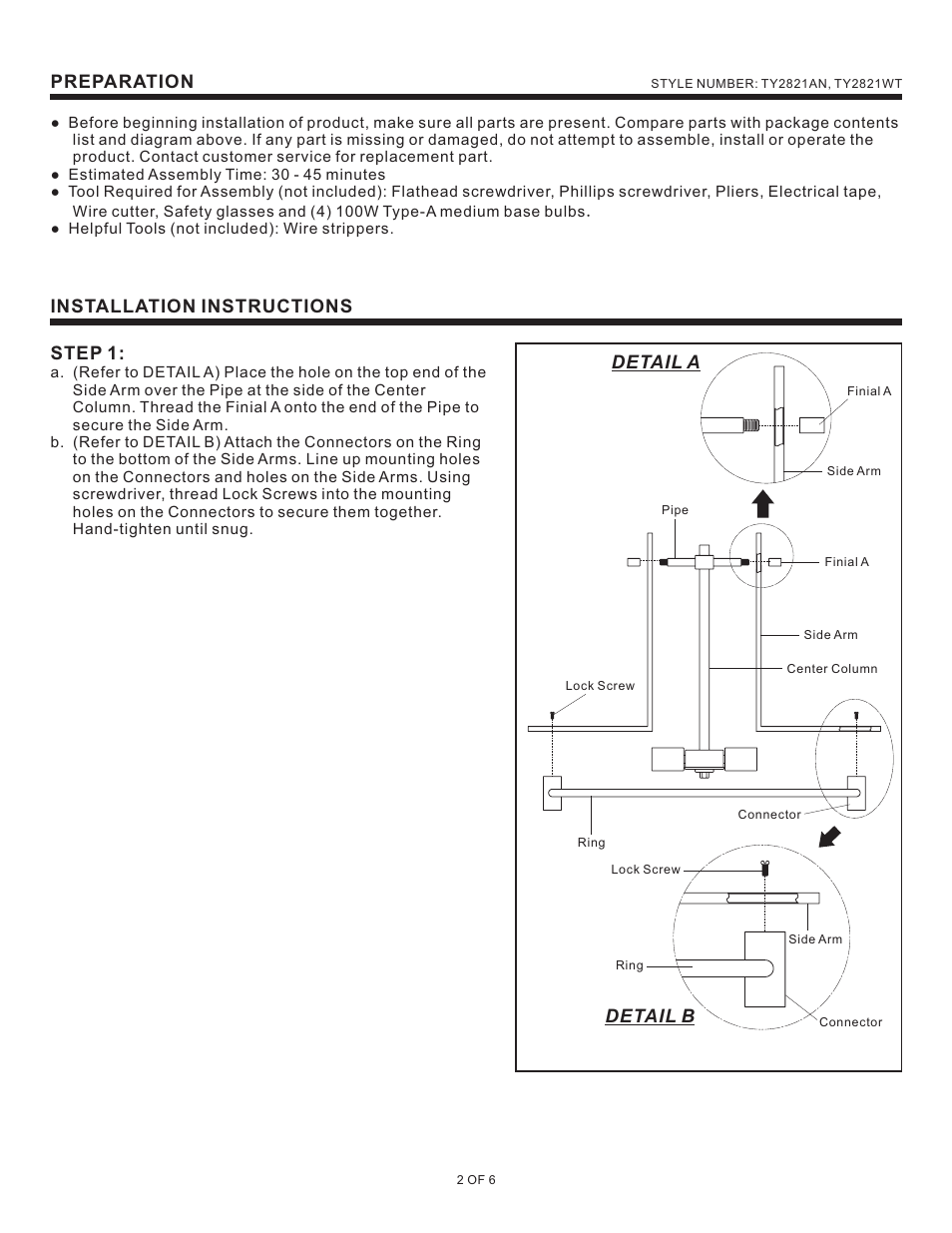 Preparation, Installation instructions step 1, Detail a detail b | Quoizel TY2821AN Taylor User Manual | Page 2 / 6