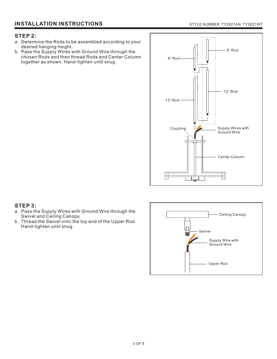 Installation instructions step 2, Step 3 | Quoizel TY2821AN Taylor User Manual | Page 3 / 6