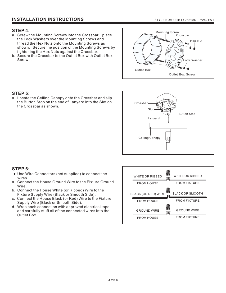 Installation instructions step 4, Step 5, Step 6 | Quoizel TY2821AN Taylor User Manual | Page 4 / 6