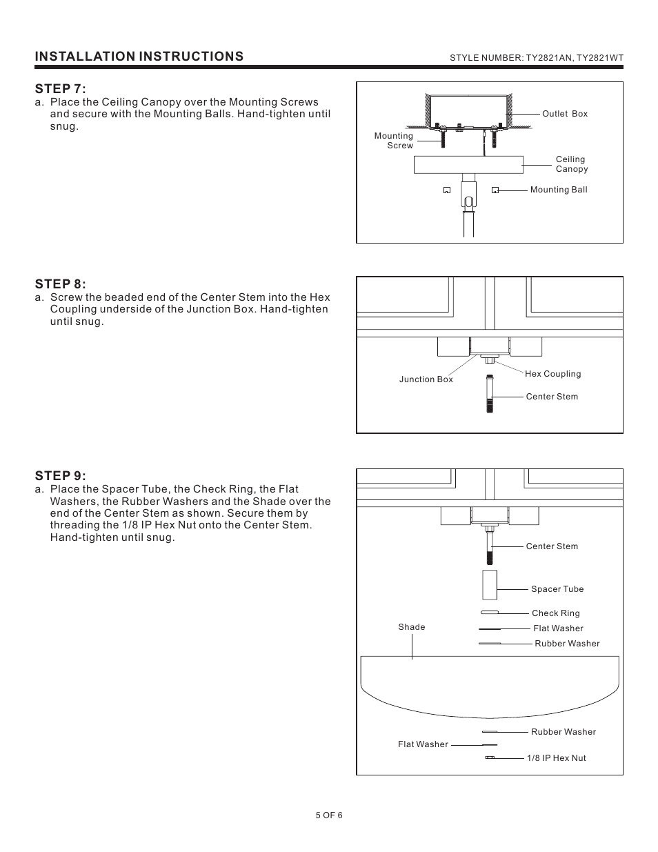 Installation instructions, Step 7, Step 8 | Step 9 | Quoizel TY2821AN Taylor User Manual | Page 5 / 6