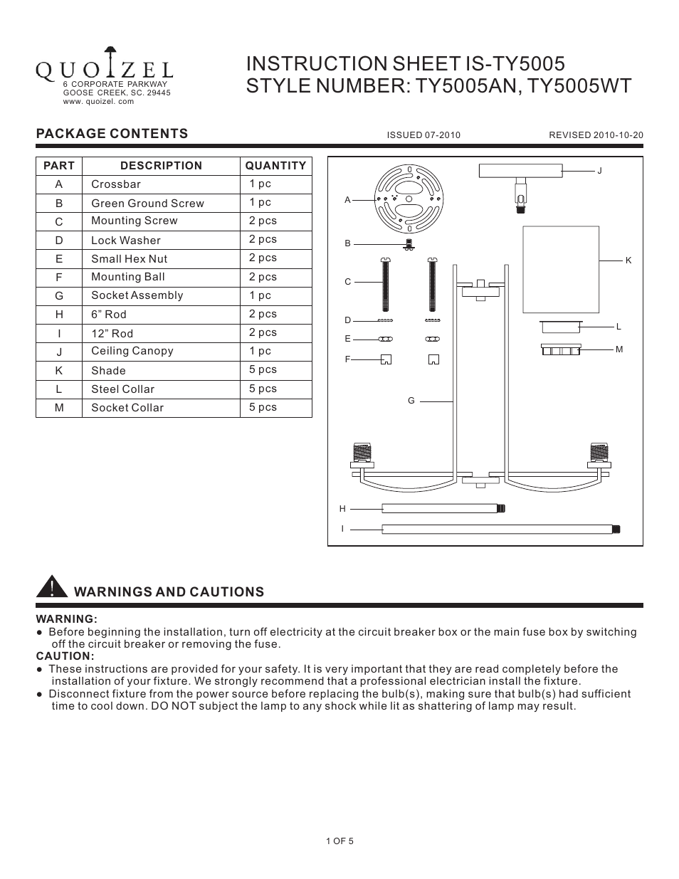 Quoizel TY5005AN Taylor User Manual | 5 pages