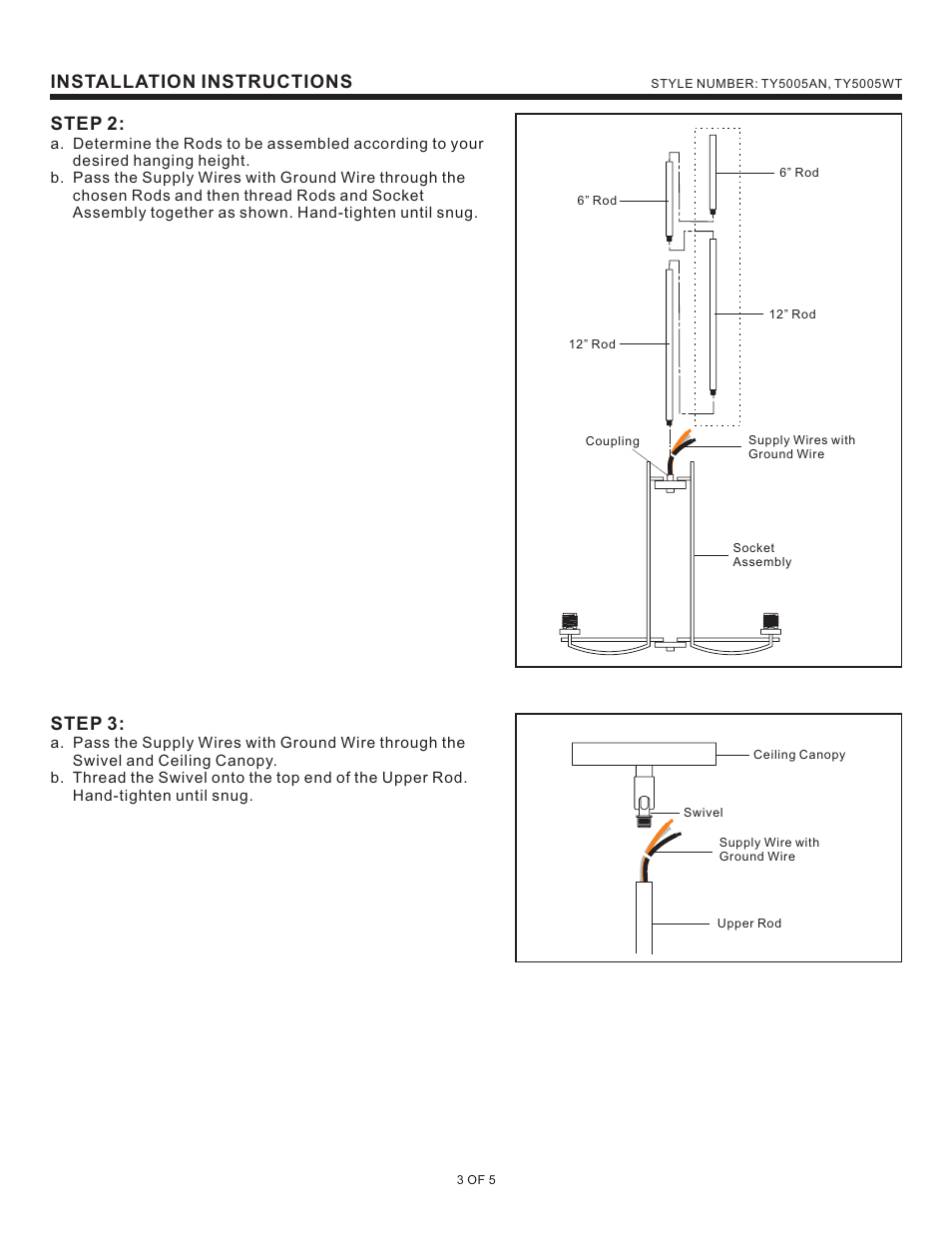 Installation instructions step 2, Step 3 | Quoizel TY5005AN Taylor User Manual | Page 3 / 5