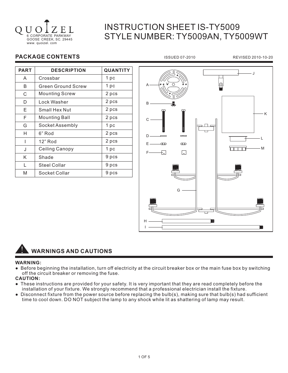 Quoizel TY5009AN Taylor User Manual | 5 pages