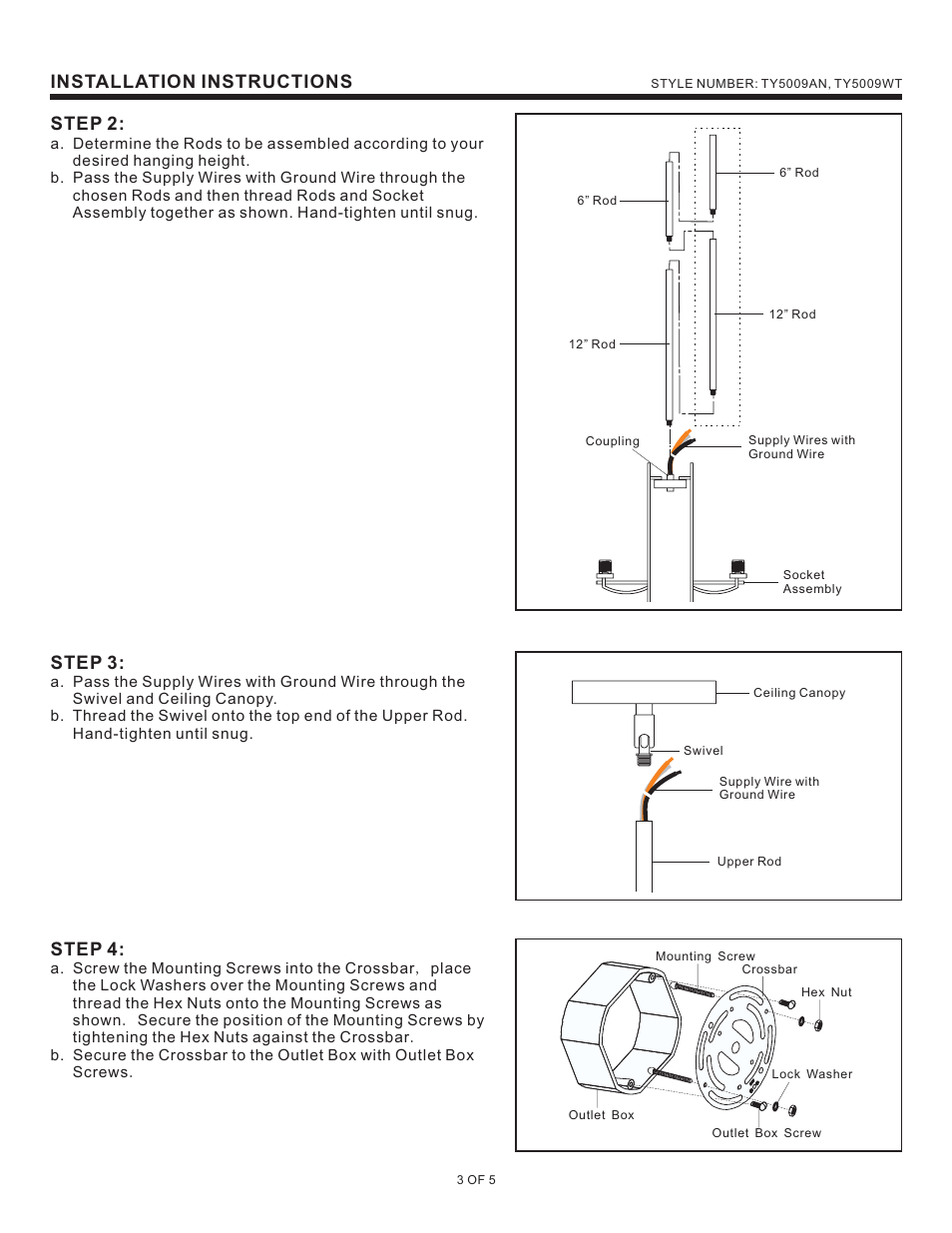 Installation instructions step 2, Step 3, Step 4 | Quoizel TY5009AN Taylor User Manual | Page 3 / 5