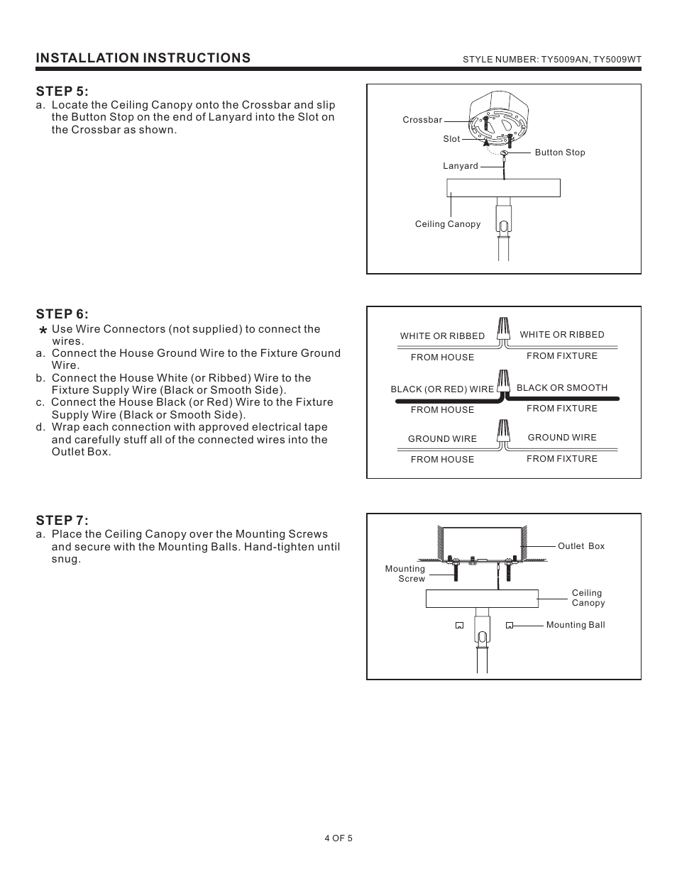 Installation instructions step 5, Step 6, Step 7 | Quoizel TY5009AN Taylor User Manual | Page 4 / 5