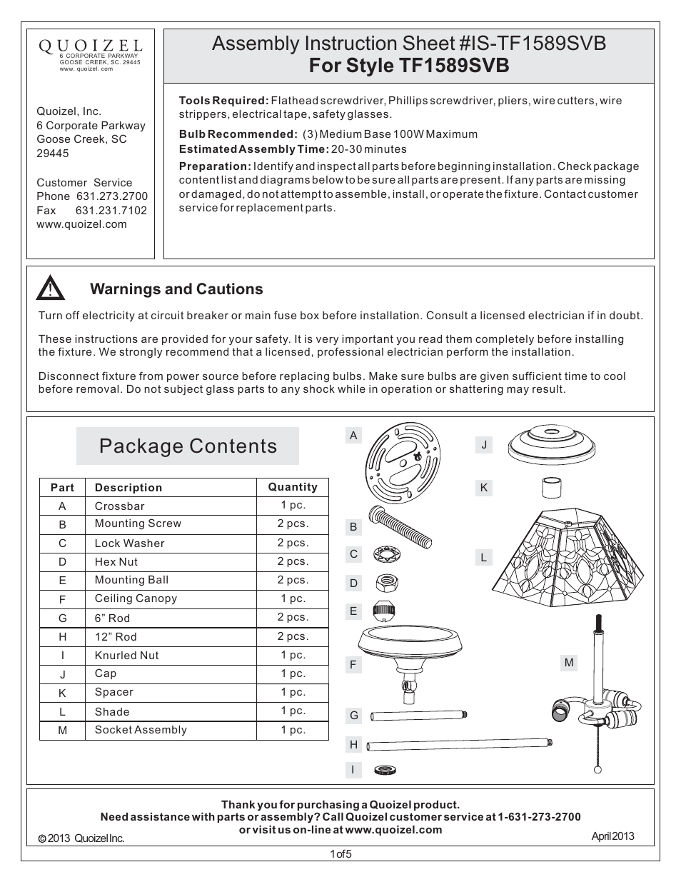 Quoizel TF1589SVB Tiffany User Manual | 6 pages