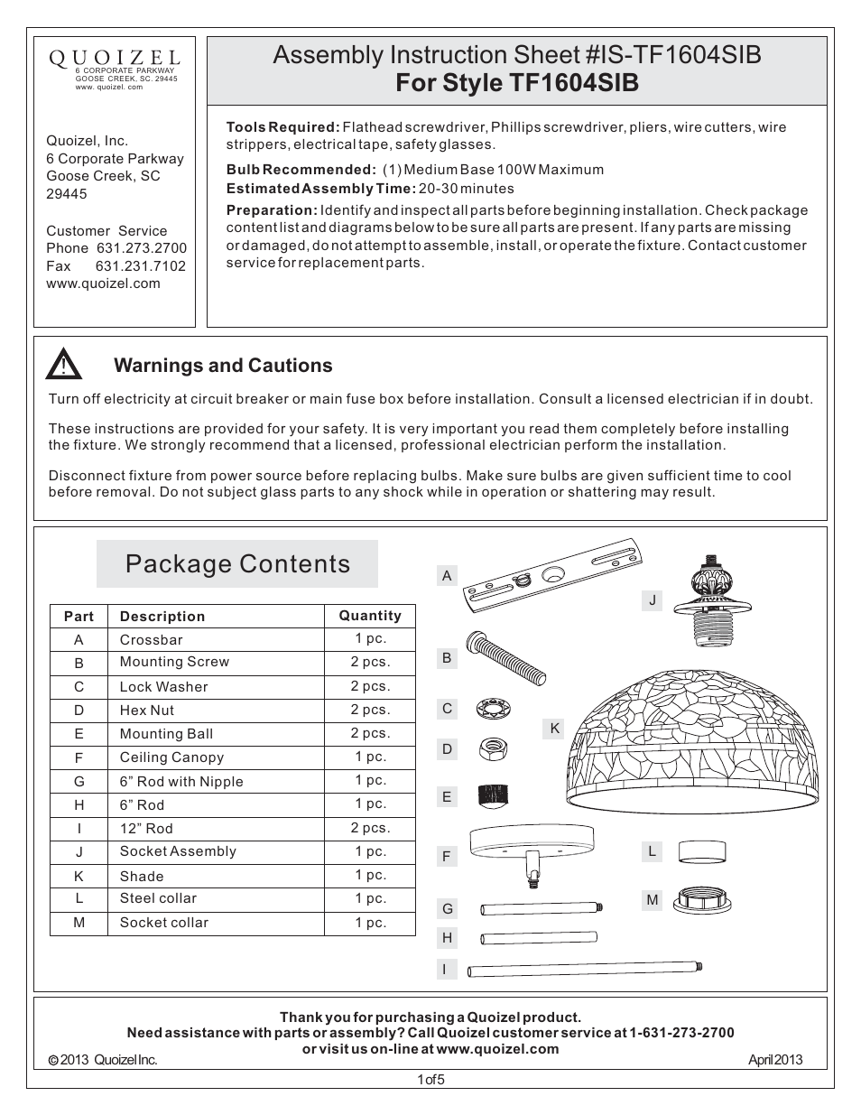 Quoizel TF1604SIB Tiffany User Manual | 5 pages