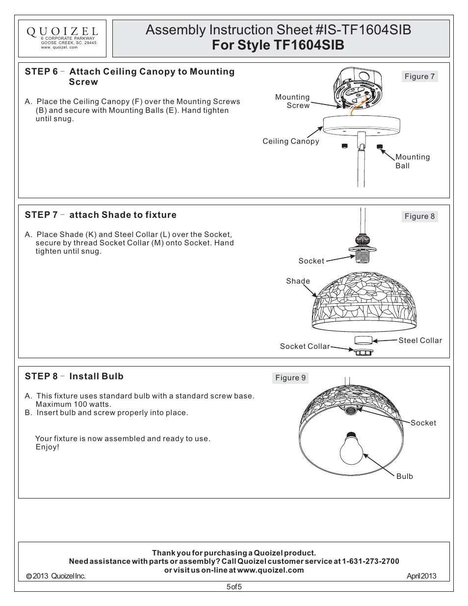 Quoizel TF1604SIB Tiffany User Manual | Page 5 / 5