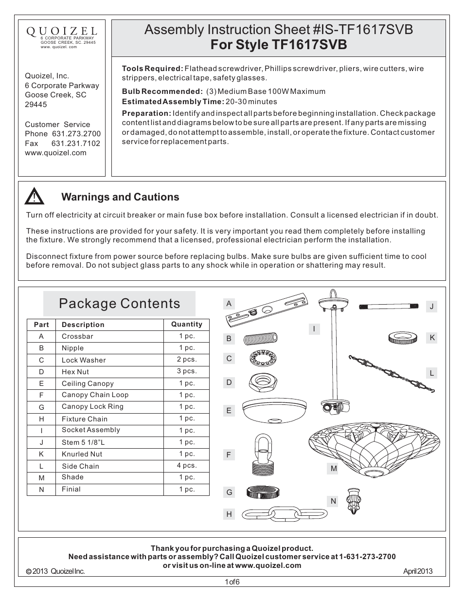 Quoizel TF1617SVB Tiffany User Manual | 6 pages