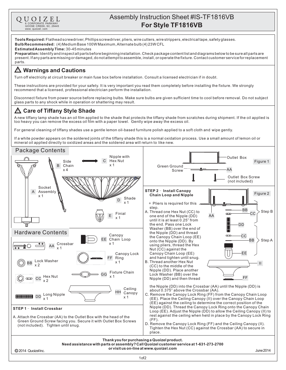 Quoizel TF1816VB Tiffany User Manual | 2 pages