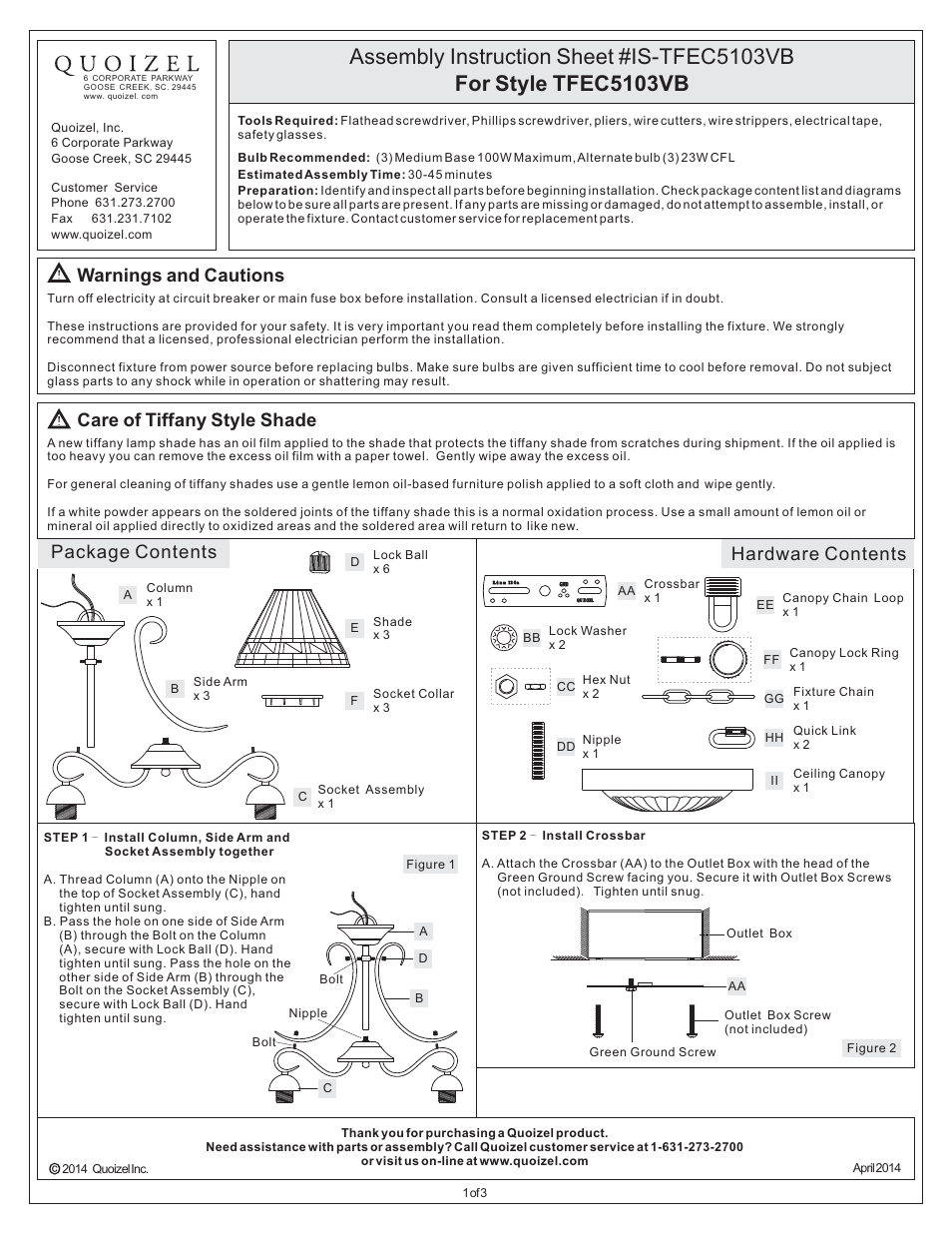 Quoizel TFEC5103VB Tiffany User Manual | 3 pages