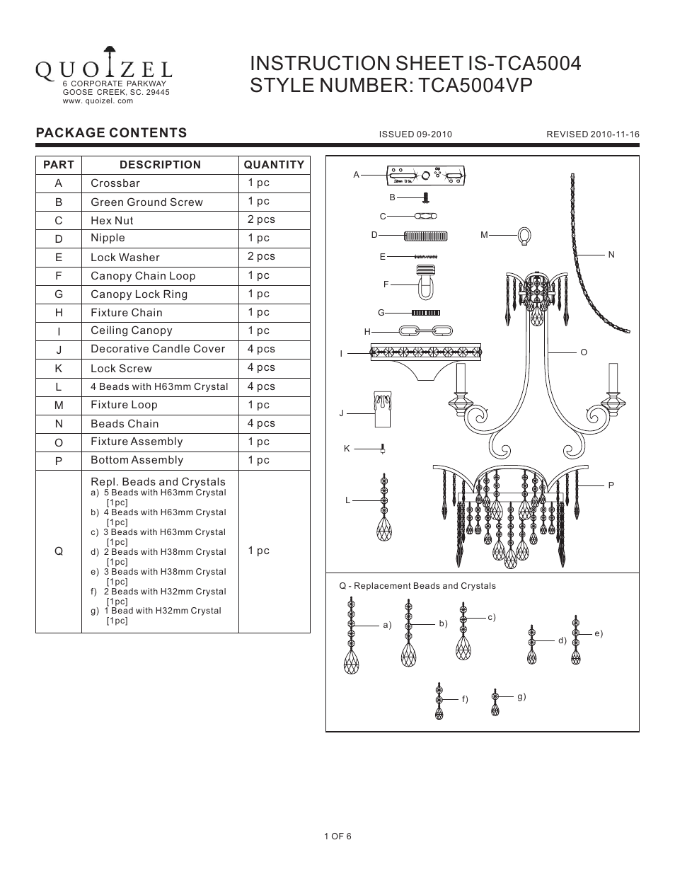 Quoizel TCA5004VP Tricia User Manual | 6 pages