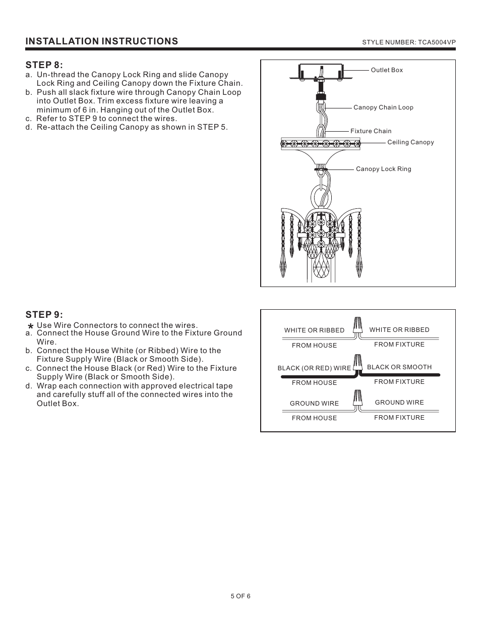 Installation instructions, Step 8, Step 9 | Quoizel TCA5004VP Tricia User Manual | Page 5 / 6