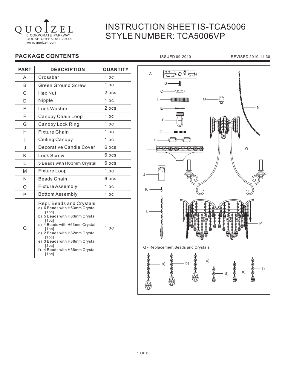 Quoizel TCA5006VP Tricia User Manual | 6 pages