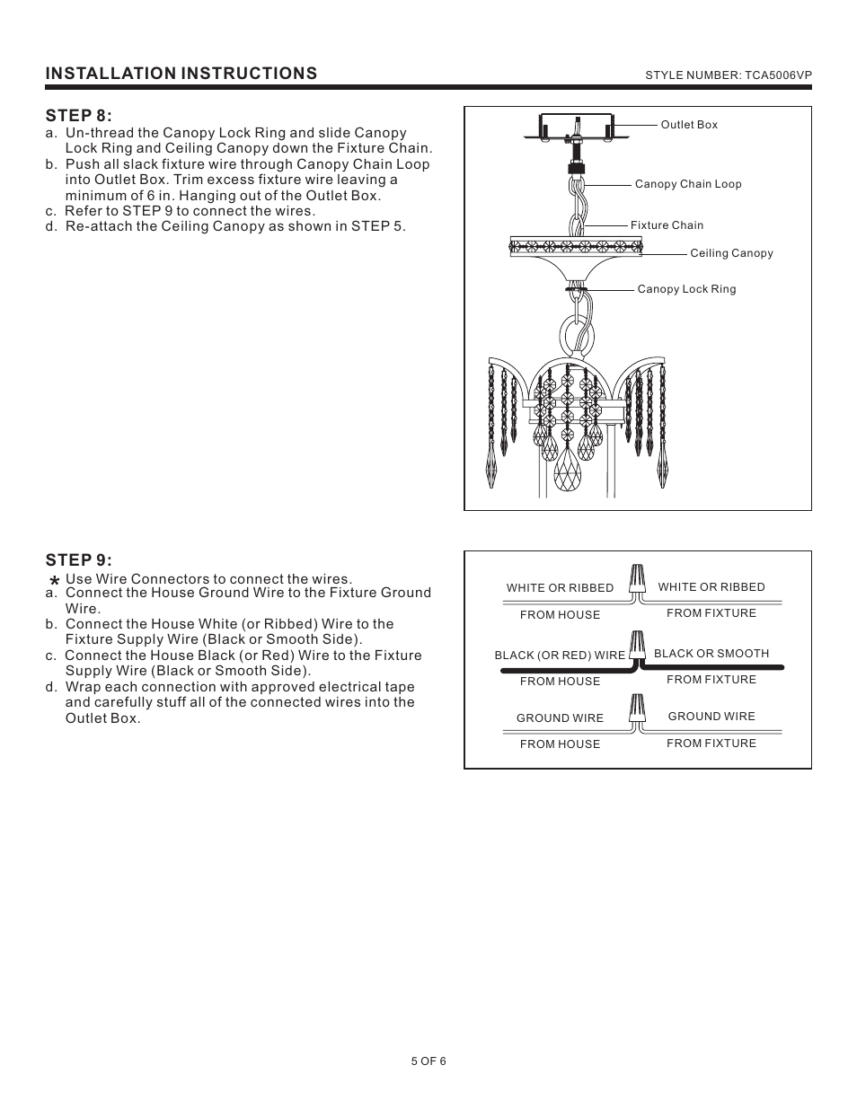 Installation instructions, Step 8, Step 9 | Quoizel TCA5006VP Tricia User Manual | Page 5 / 6