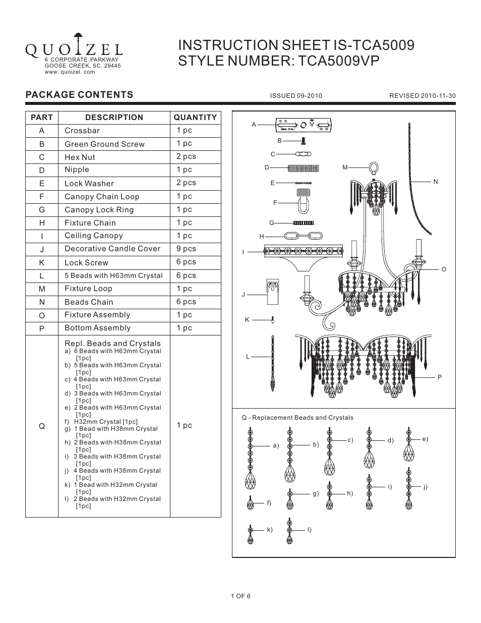 Quoizel TCA5009VP Tricia User Manual | 6 pages