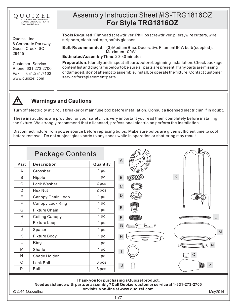 Quoizel TRG1816OZ Trilogy User Manual | 7 pages