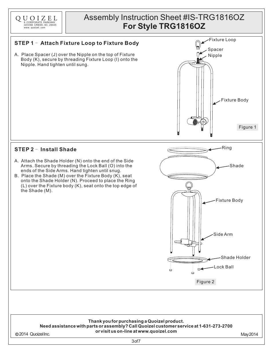 Quoizel TRG1816OZ Trilogy User Manual | Page 3 / 7