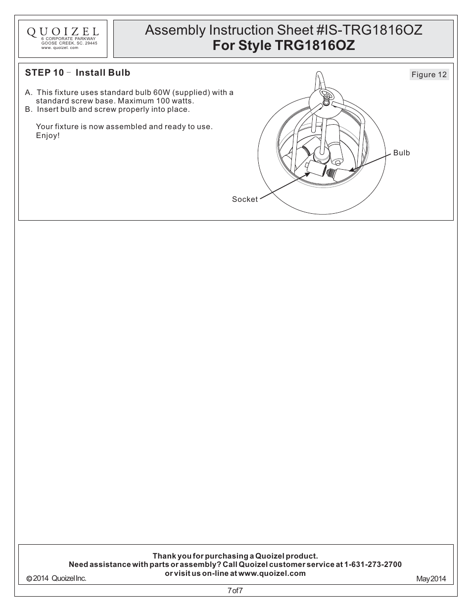 Quoizel TRG1816OZ Trilogy User Manual | Page 7 / 7