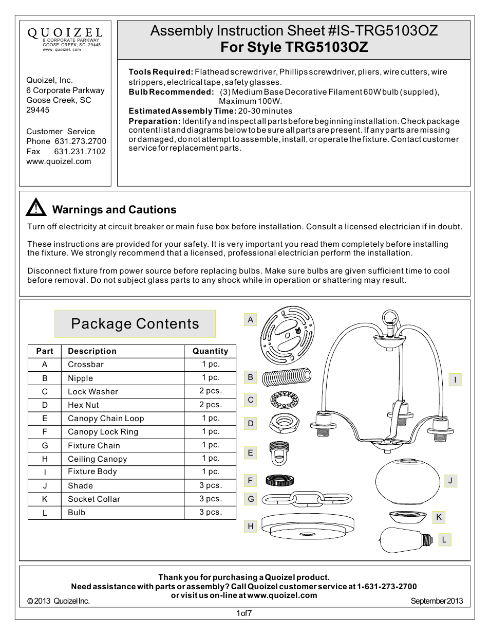 Quoizel TRG5103OZ Trilogy User Manual | 7 pages
