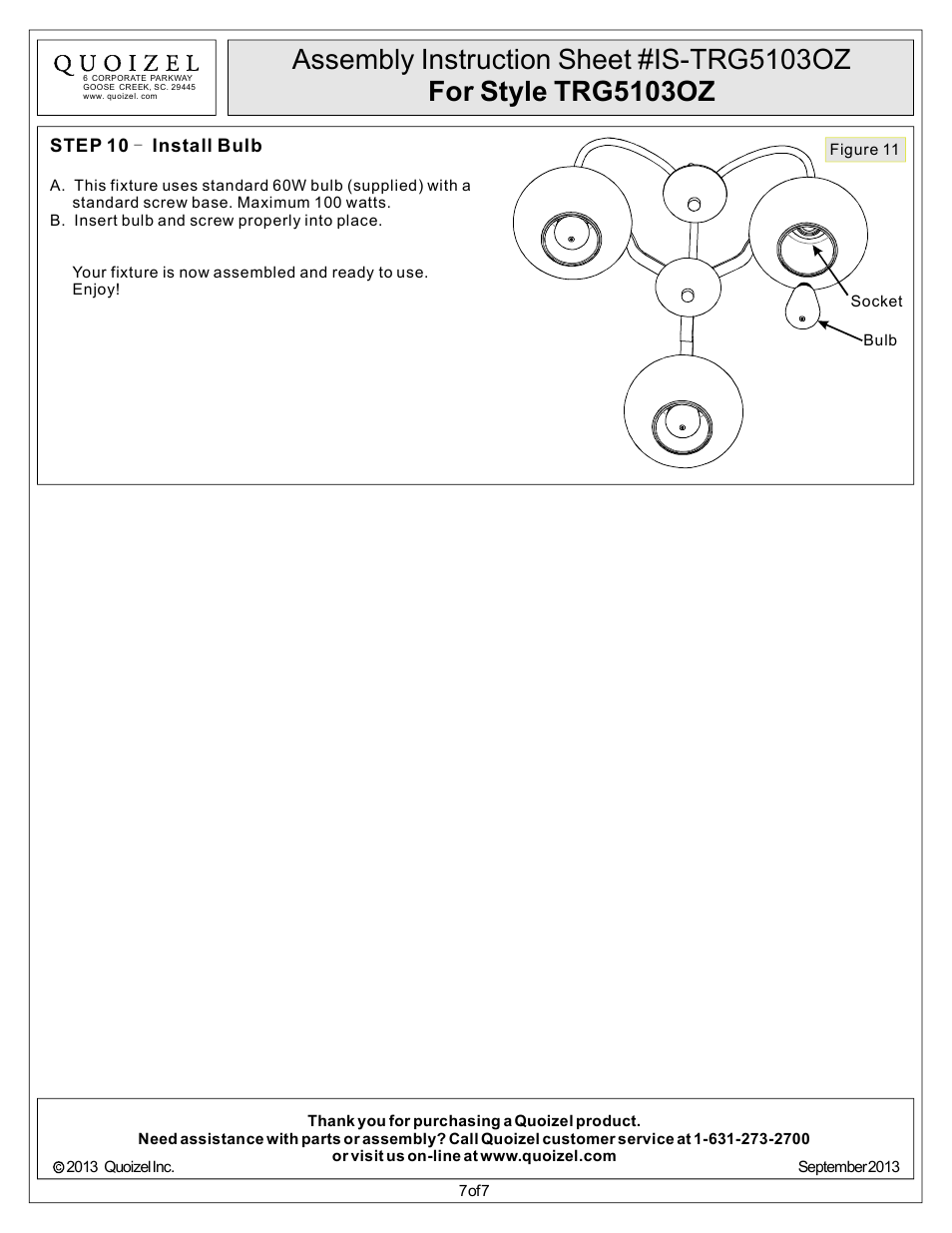 Quoizel TRG5103OZ Trilogy User Manual | Page 7 / 7