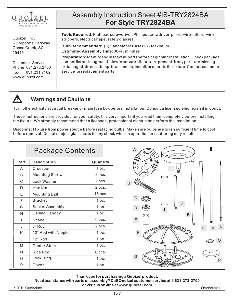 Quoizel TRY2824BA Troy User Manual | 7 pages