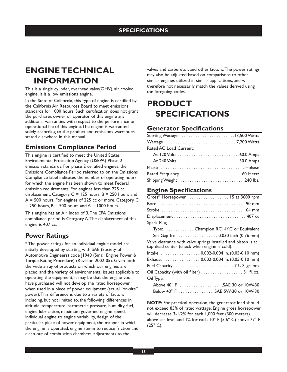 Engine technical information, Product specifications | Briggs & Stratton 030254 User Manual | Page 15 / 84