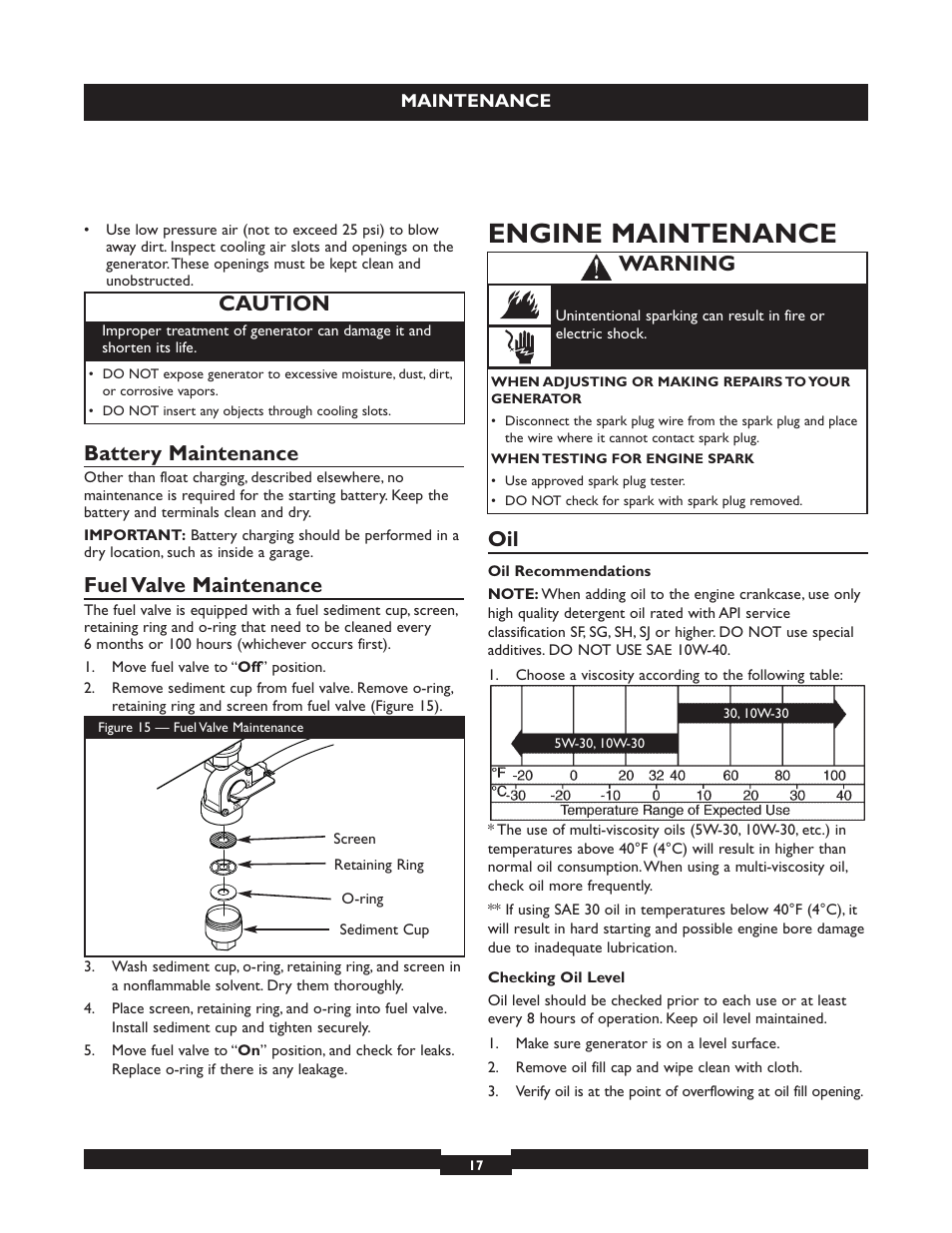 Engine maintenance, Battery maintenance, Fuel valve maintenance | Caution, Warning | Briggs & Stratton 030254 User Manual | Page 17 / 84