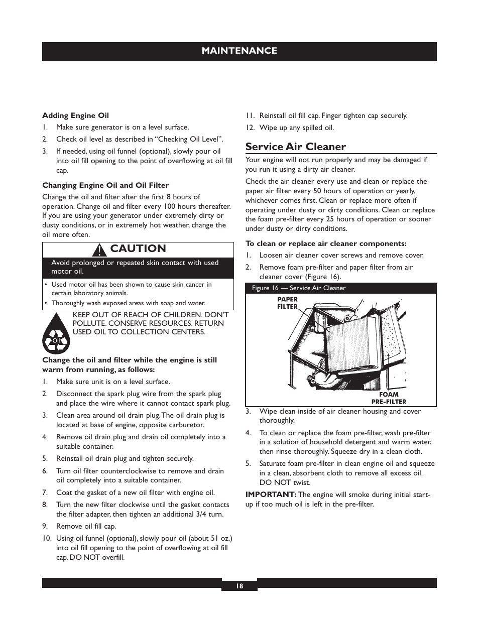 Service air cleaner, Caution | Briggs & Stratton 030254 User Manual | Page 18 / 84